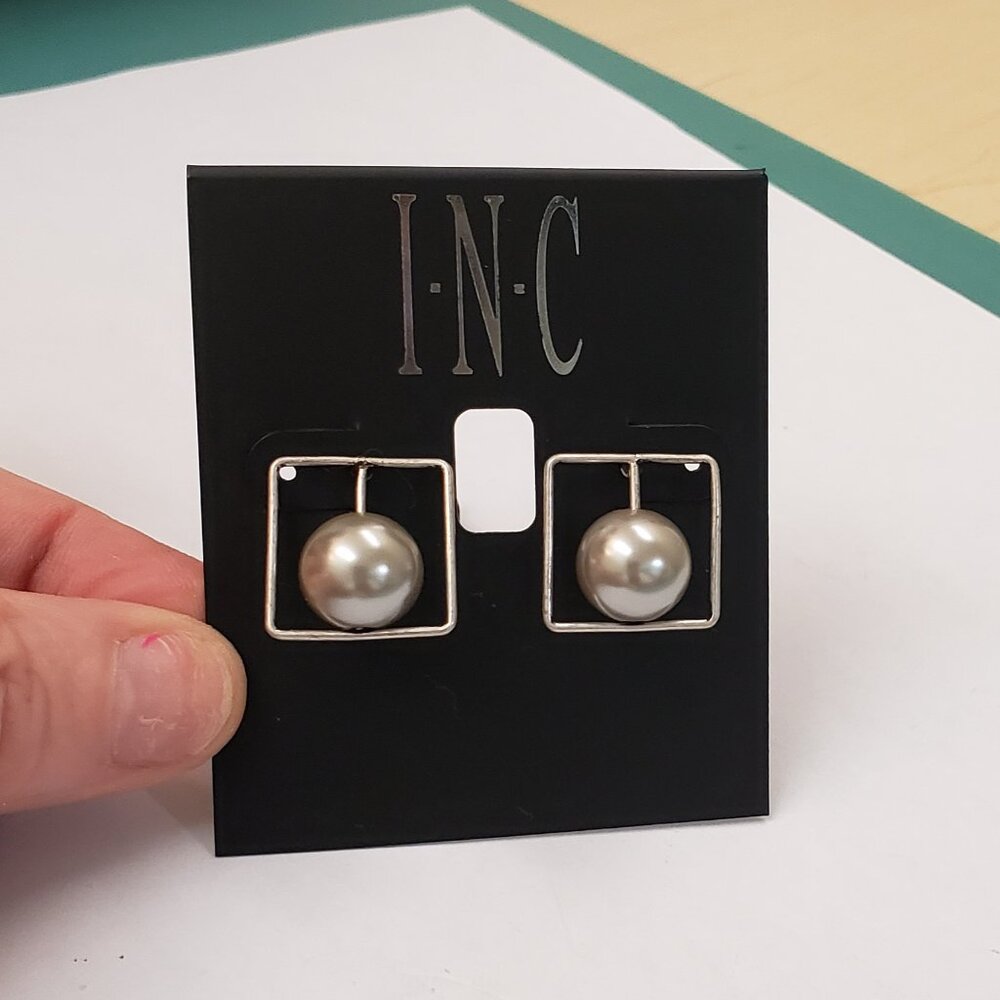 INC, silver tone square faux grey pearl inside pierced post fashion earring, NWT